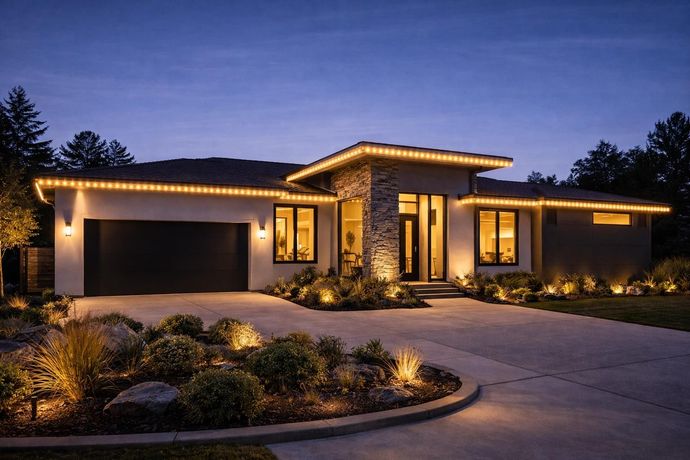 Warm architectural lighting on a modern home