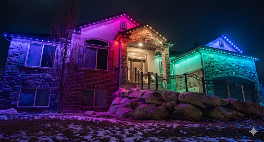 Colorful permanent lighting on a snowy home