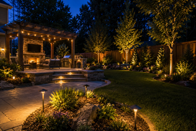 Reno backyard with warm landscape and patio lighting