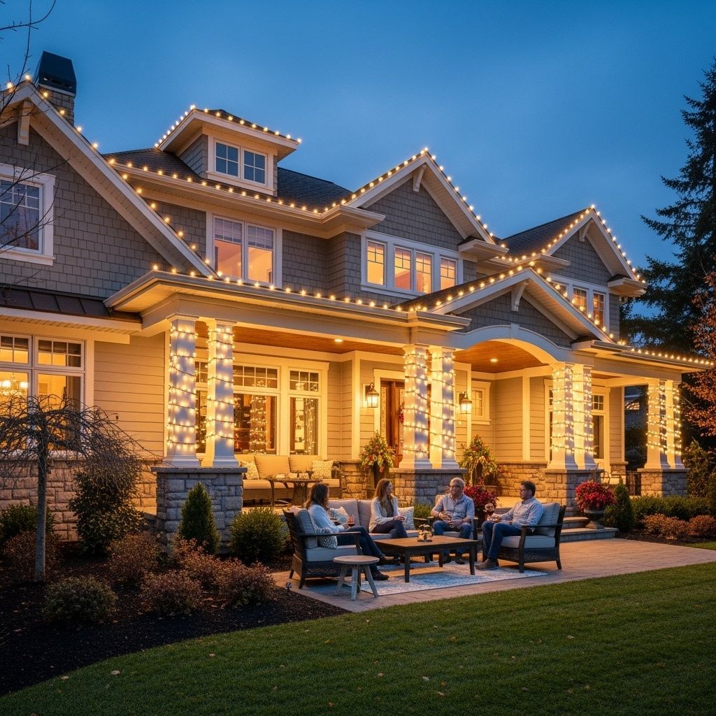 Craftsman home glowing with permanent exterior lights