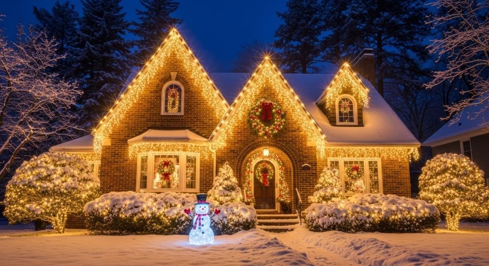 Snowy Reno home with a professional permanent holiday lighting display